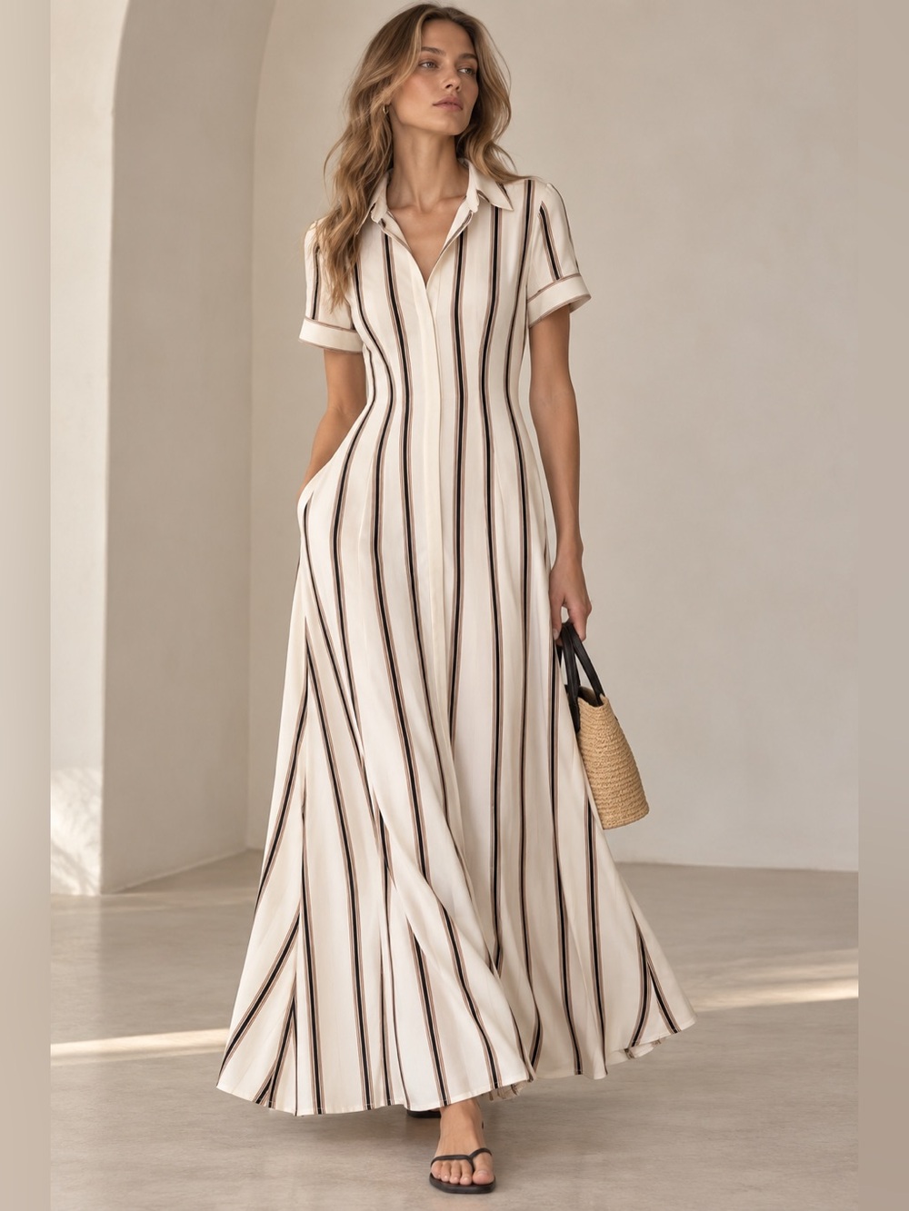 La Vie Rebecca Taylor XS Ivory Striped Collared Maxi Shirt Dress